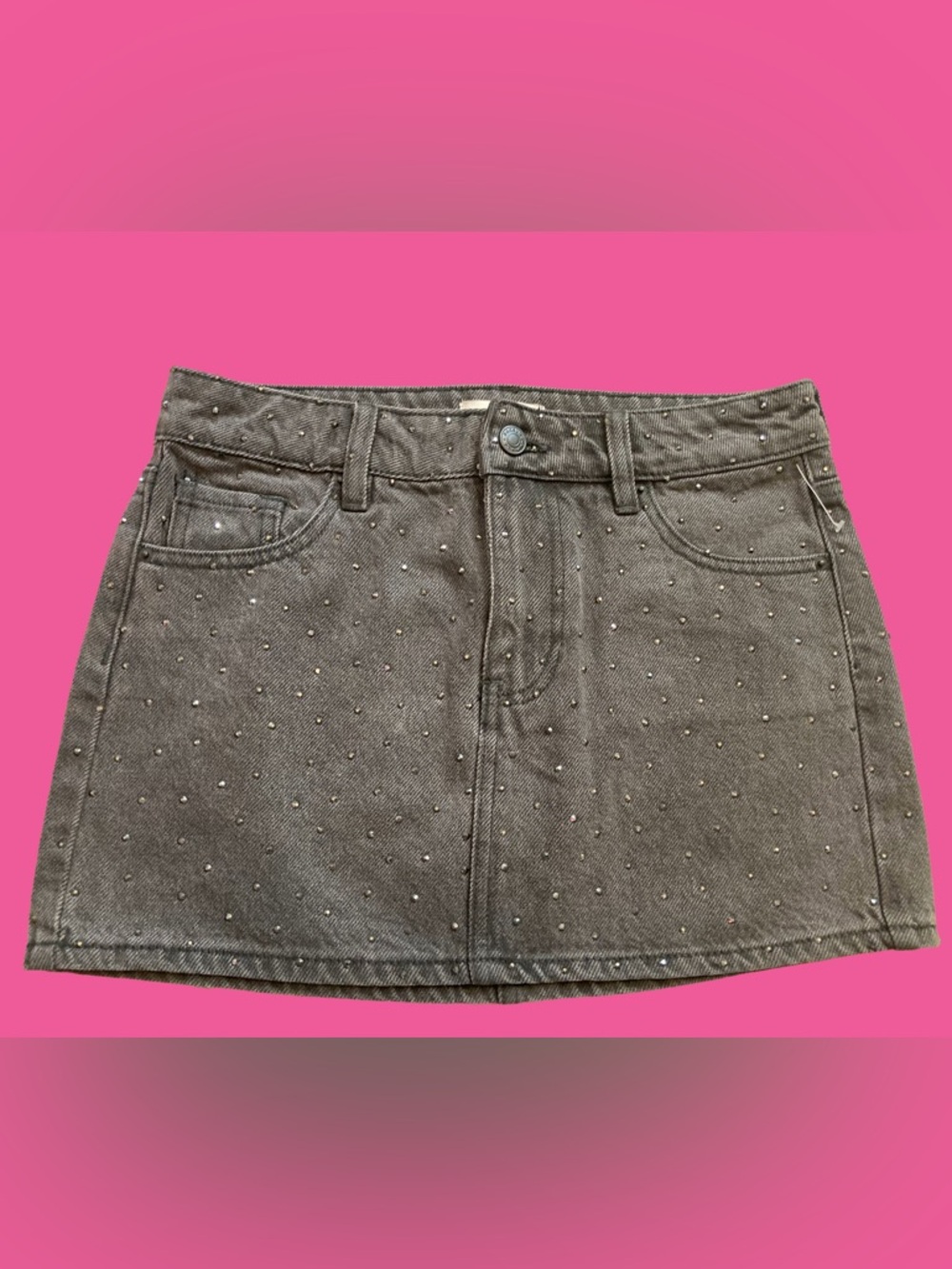 NWOT Pacsun Grey Denim Rhinestone Stud Mid Rise Mini Skirt Starry Night Size 24